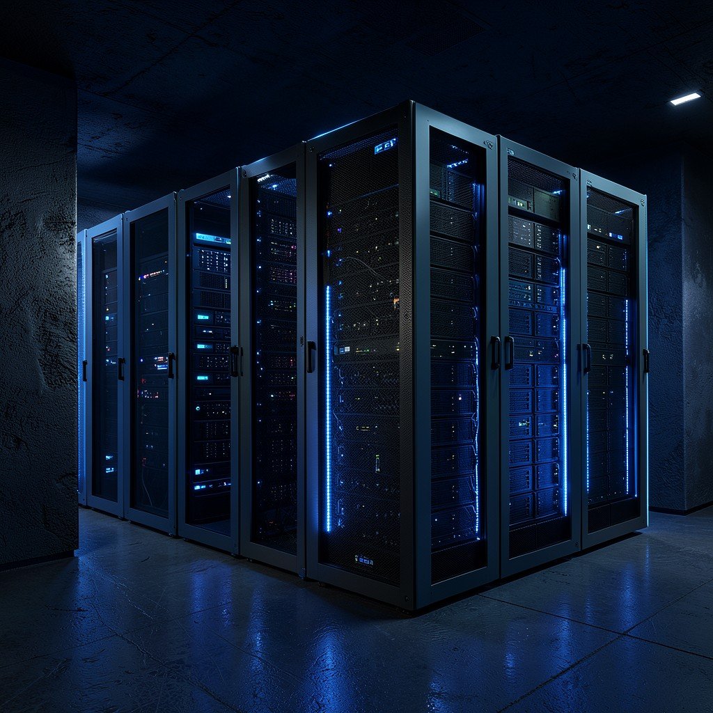Modern AI data center server racks with glowing blue LED lights in a dark textured room, high tech atmosphere, no text, 4:3