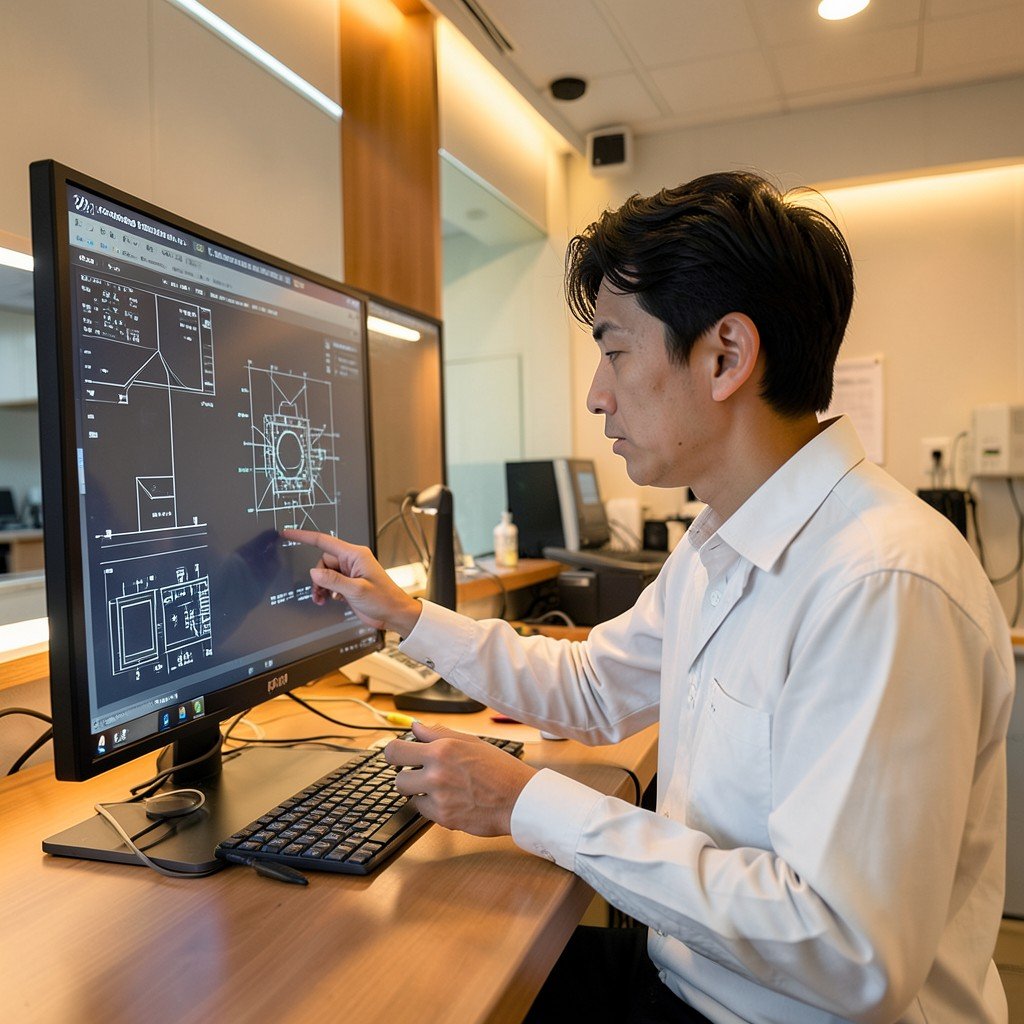 Korean engineer in smart glass reviewing chip design blueprints on a screen in a modern lab with warm lighting, no text, 1:1