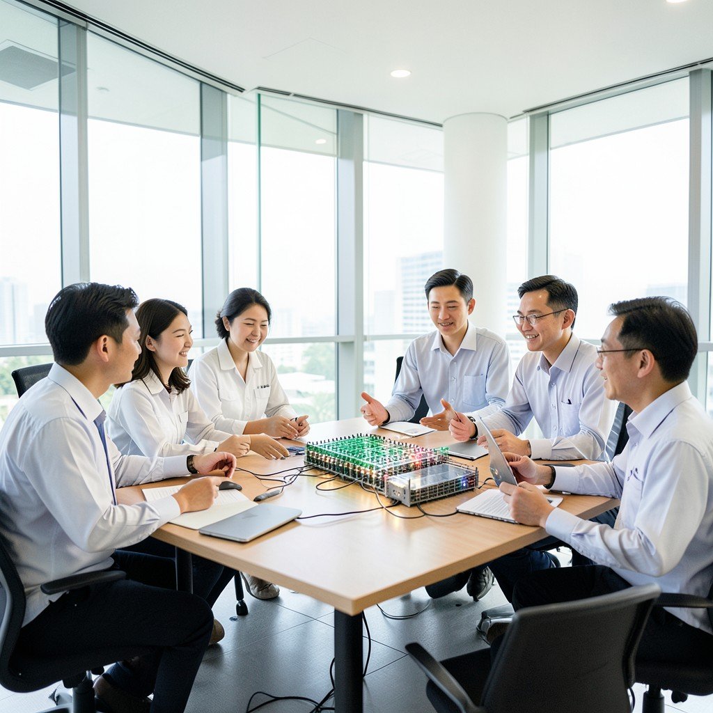 Diverse team of Korean engineers discussing semiconductor architecture in a bright modern conference room with glass walls, no text, 1:1