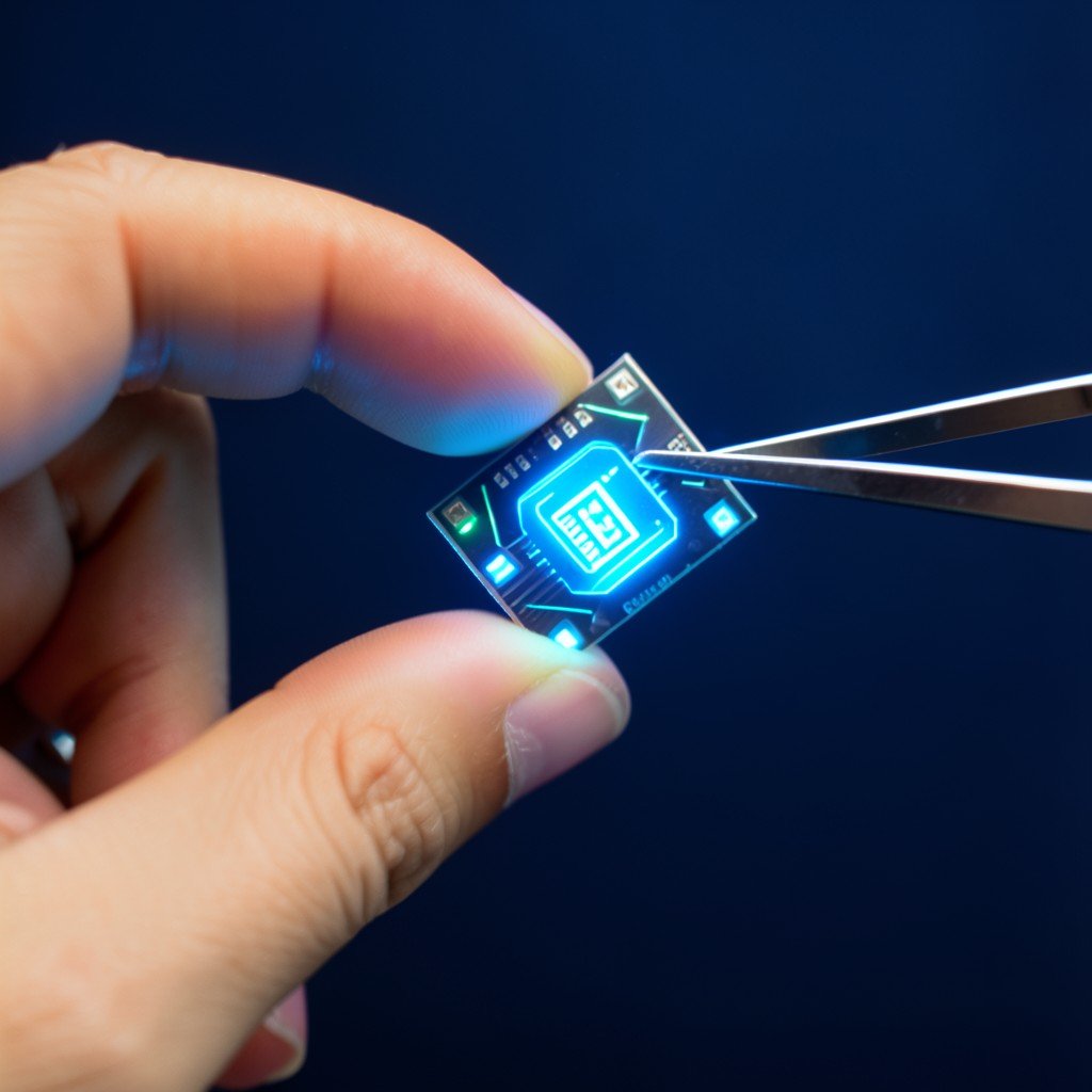Close-up of a person holding a futuristic glowing AI chip with tweezers on a dark blue background with soft light, no text, 1:1