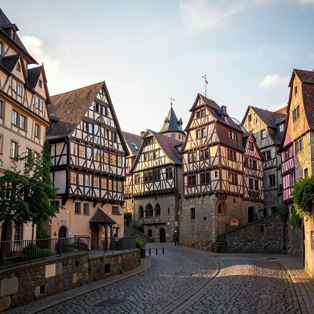 A picturesque view of Goslar historic town with traditional half-timbered houses and cobblestone streets, warm natural lighting, textured background, no text, aspect ratio 4:3