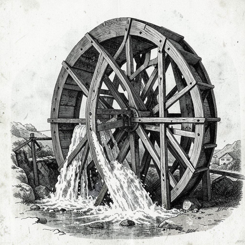 A large historical wooden water wheel spinning with rushing water at the Upper Harz Water Management System, historical illustration style, textured background, no people, no text, aspect ratio 4:3