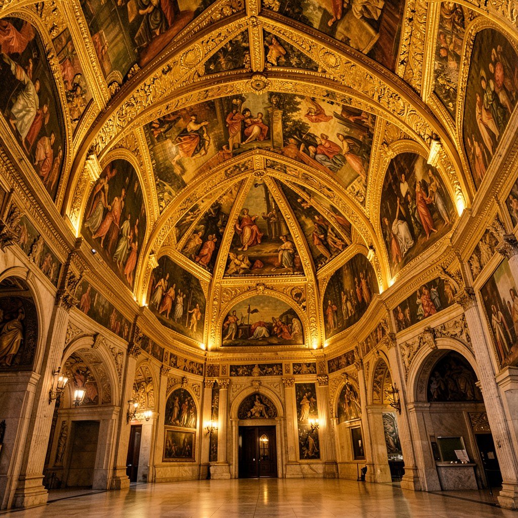 Detailed view of the golden hall inside Goslar town hall with intricate medieval paintings and vaulted ceiling, warm lighting, no people, no text, aspect ratio 1:1