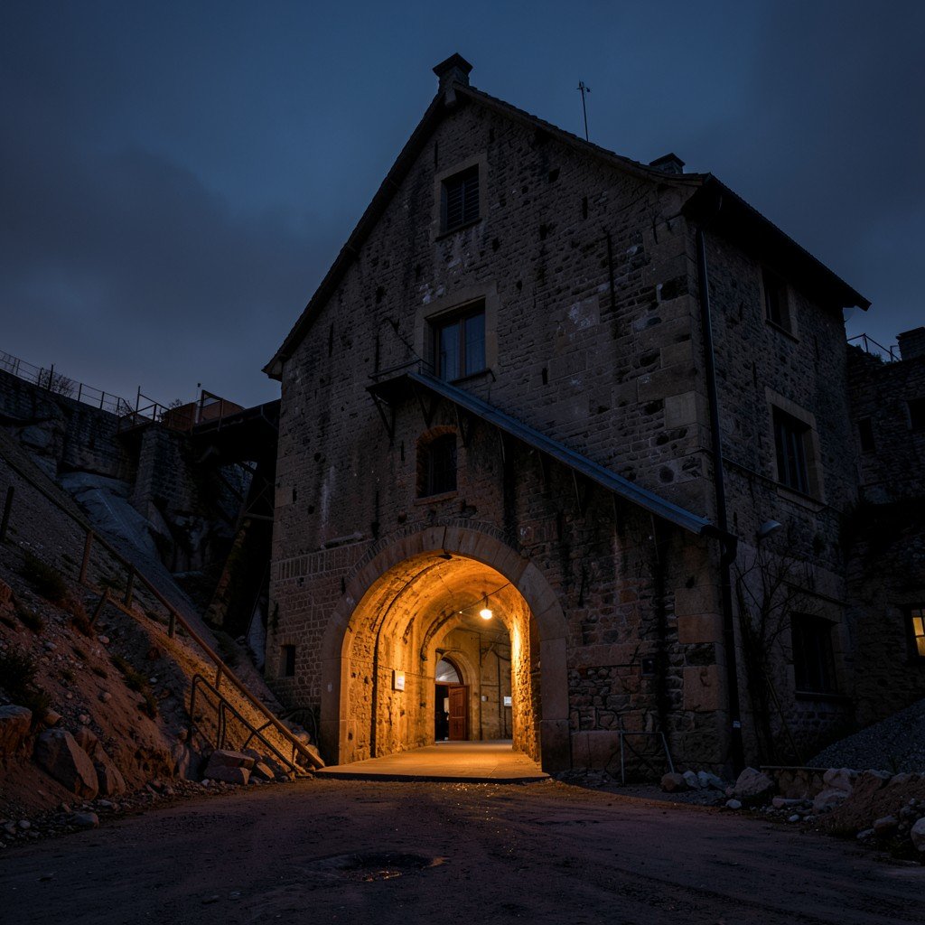 The illuminated entrance of the Rammelsberg Mines at dusk with a historic industrial building, moody atmospheric lighting, no people, no text, aspect ratio 4:3