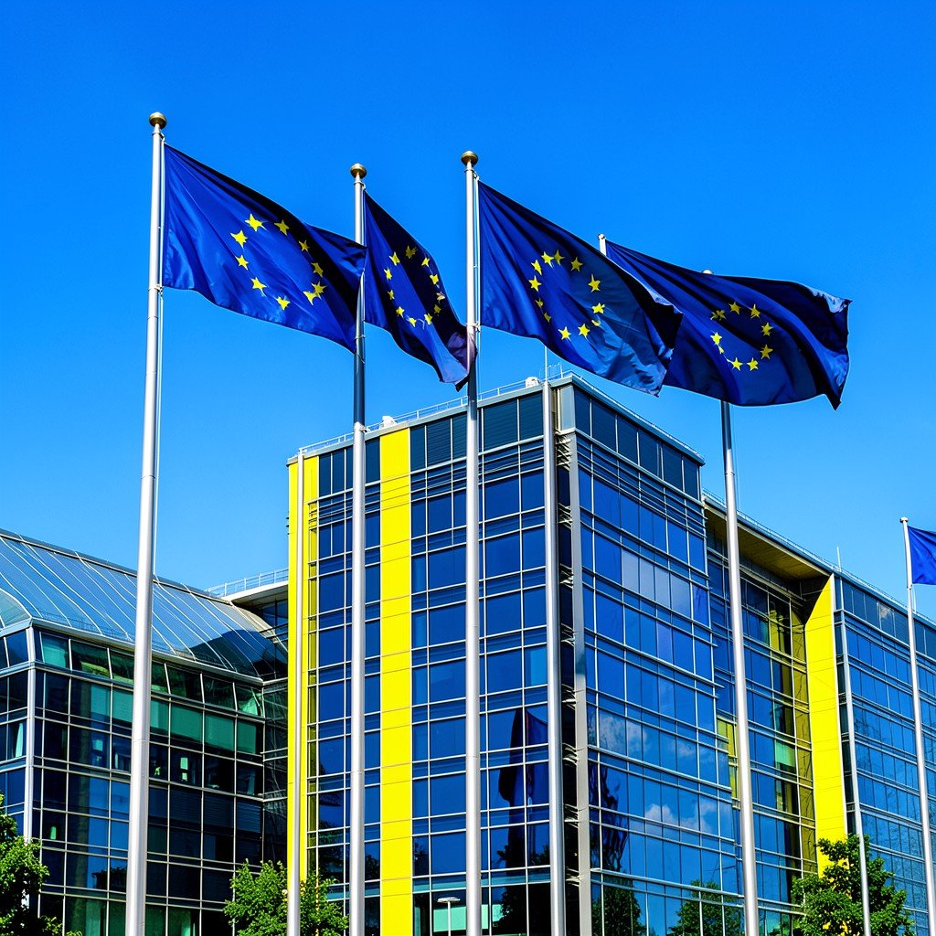 European Union headquarters building with EU flags fluttering in the wind, modern architecture, blue and yellow color scheme, clear sky background, high contrast, no text, 1:1