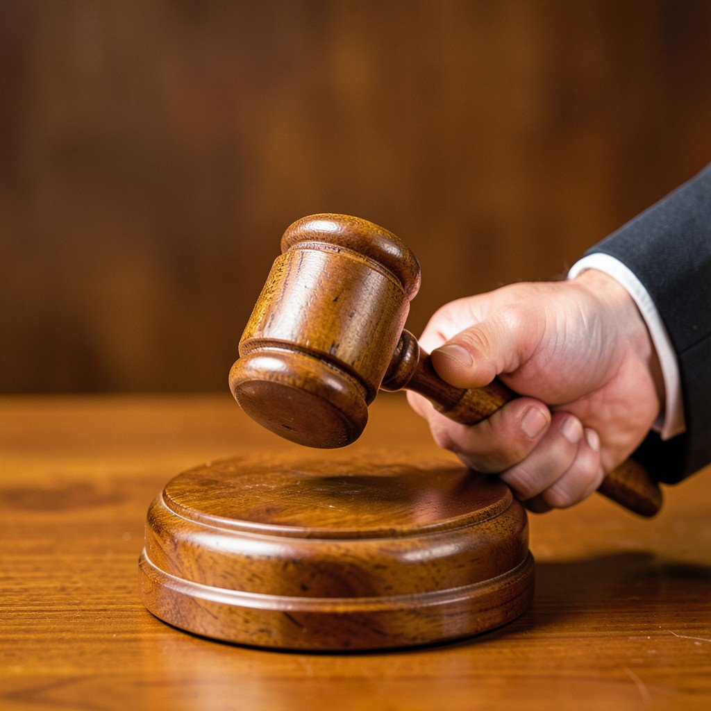 Close up of a judges hand holding a wooden gavel on a sounding block, warm wooden desk background, legal concept, professional lighting, no text, 4:3