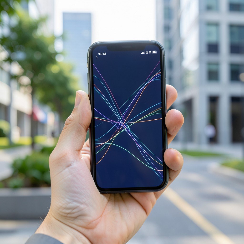 A person holding a smartphone in a hand, screen showing abstract data flow, soft natural lighting, modern urban background, no korean text on screen, 1:1