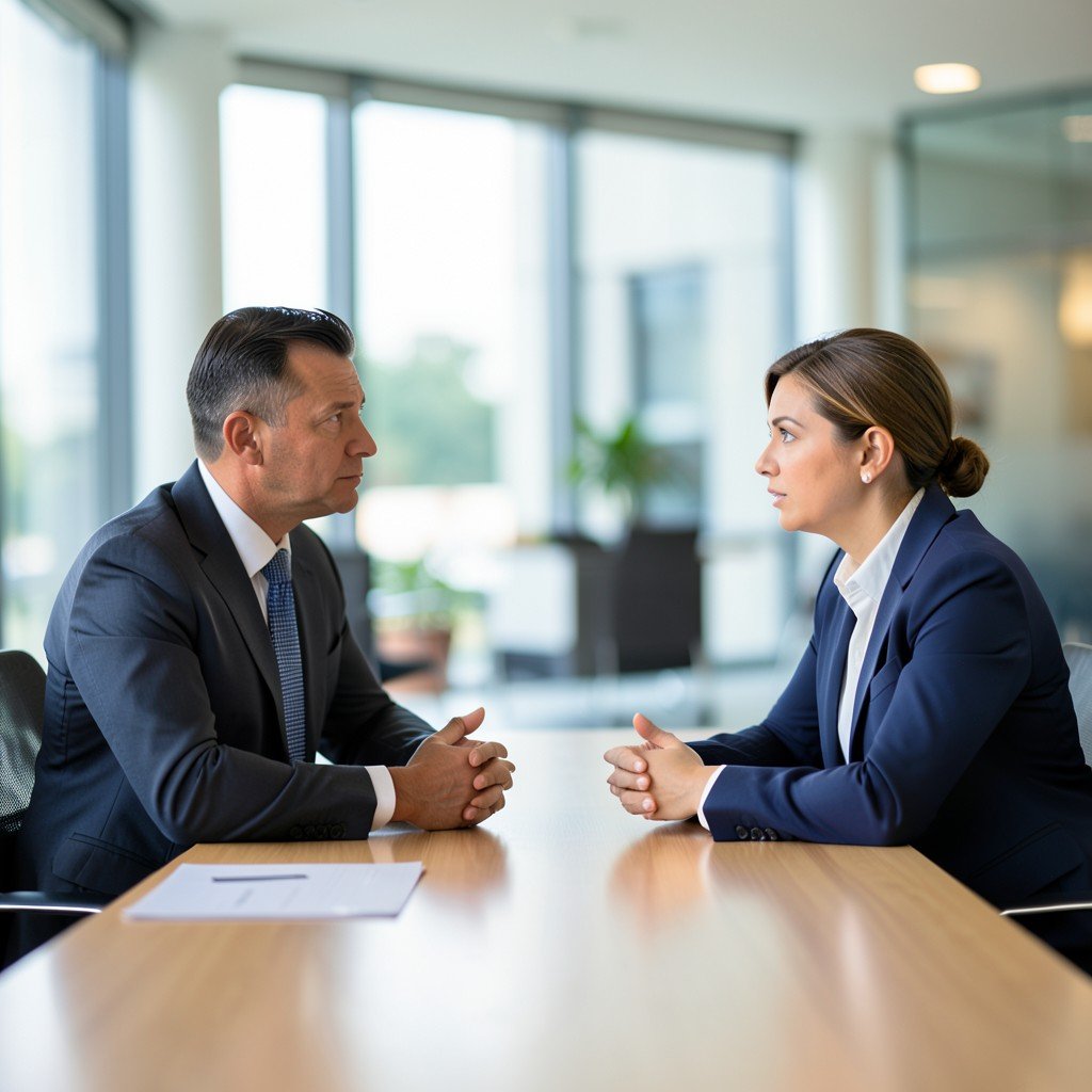 Two individuals in business suits sitting across a conference table engaged in a serious discussion, blurred modern office background, natural lighting, no text, 4:3