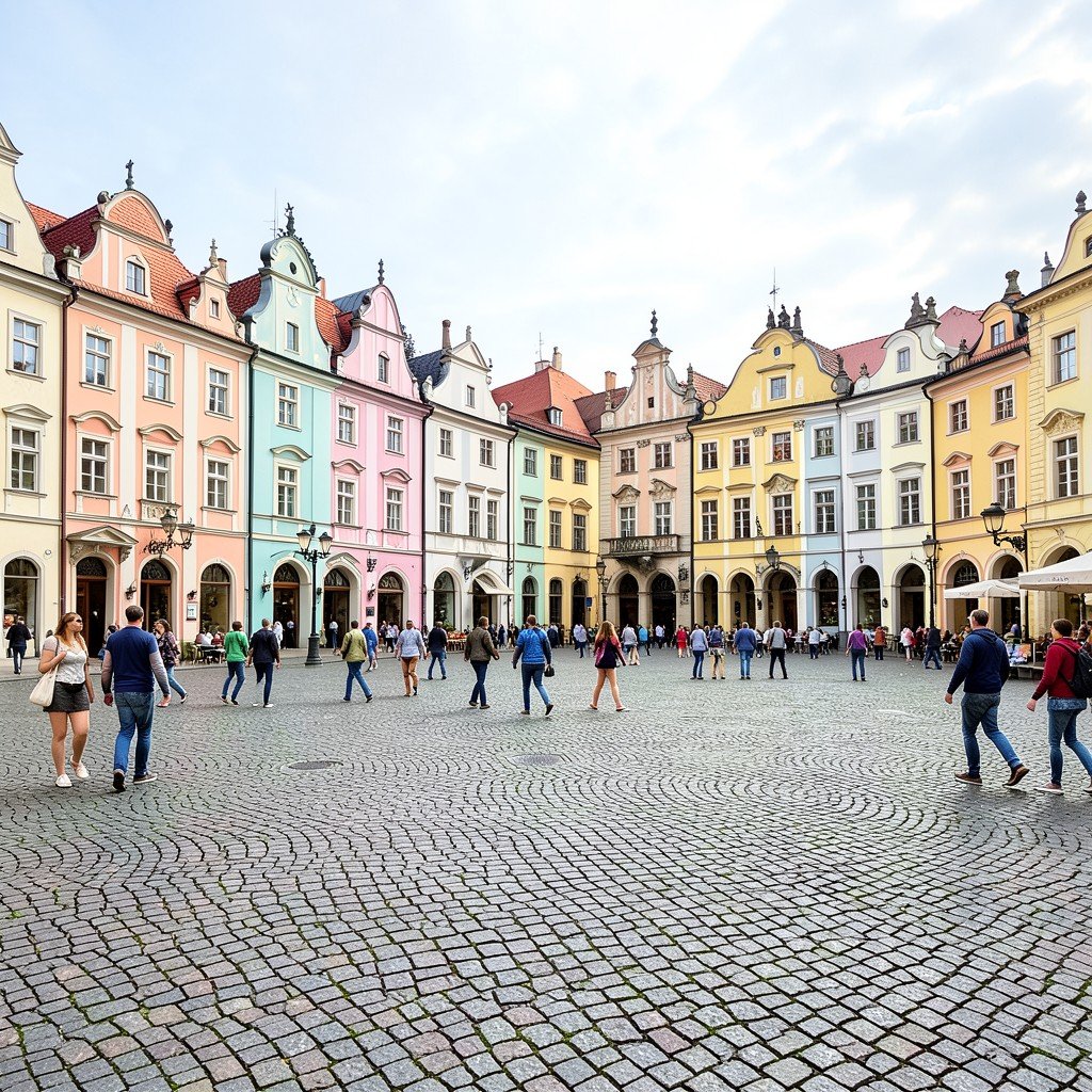 Large market square in Zamosc Poland with pastel colored Renaissance townhouses and lively atmosphere rich textured background no text 1:1