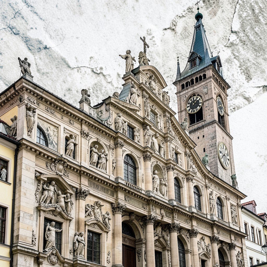 Ornate facade of the Renaissance city hall in Zamosc Poland showing detailed stone carvings and a clock tower textured background no text 1:1