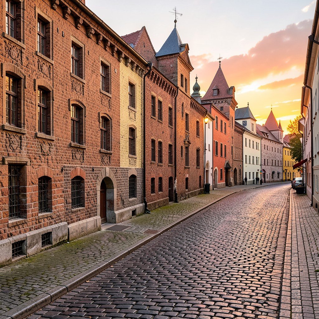 Cobblestone street in old town Zamosc Poland with historic city walls and warm sunset lighting natural setting no text 1:1
