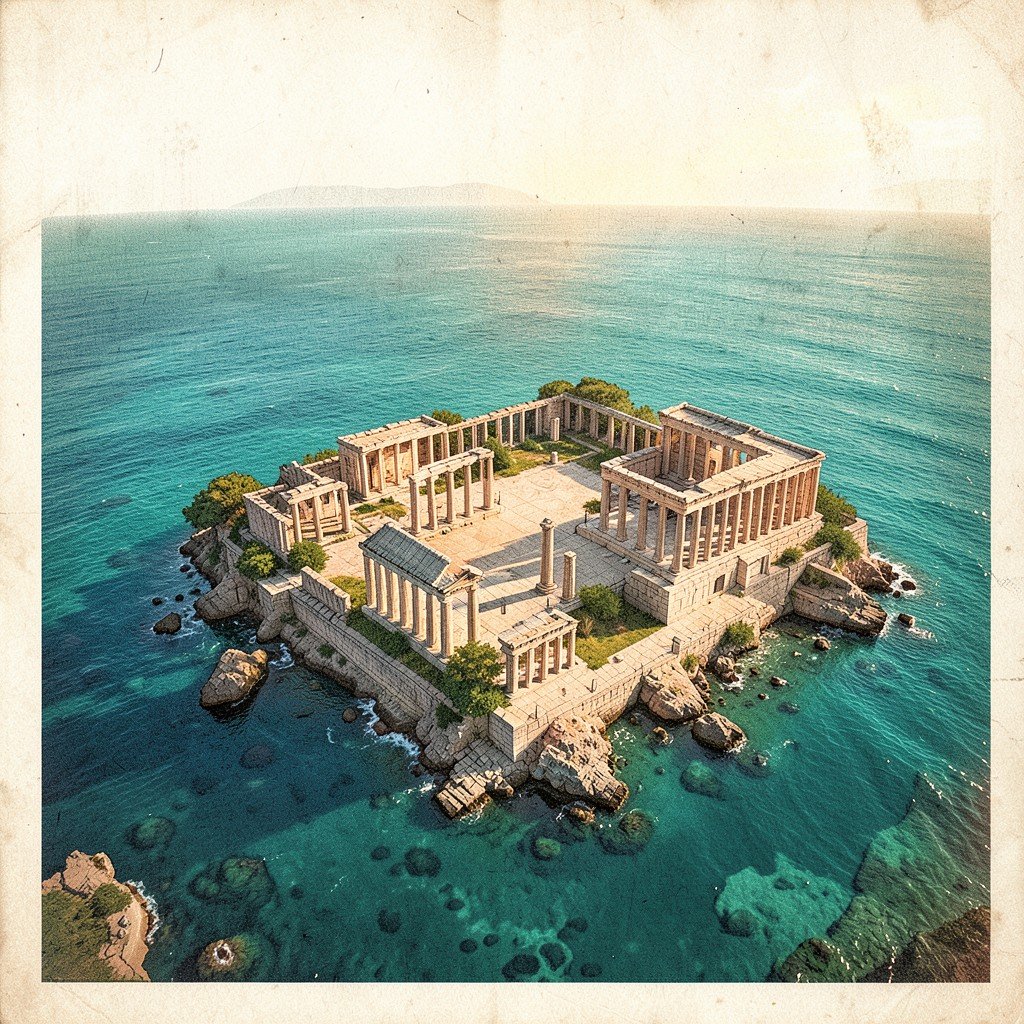 Aerial view of ancient Greek ruins on a Mediterranean island with turquoise sea in the background, warm sunlight, historical illustration style, textured background, no text, 4:3