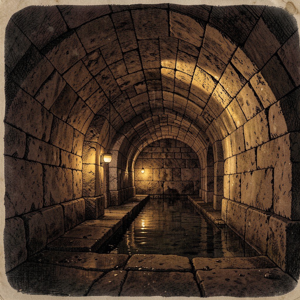 Inside view of an ancient Greek stone water tunnel with arched ceiling, dimly lit with warm lighting, historical illustration style, textured background, no text, 1:1