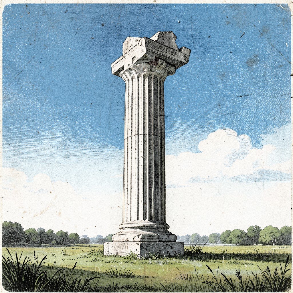 Remains of a massive ancient Greek temple column standing alone in a grassy field with blue sky, historical illustration style, textured background, no text, 4:3