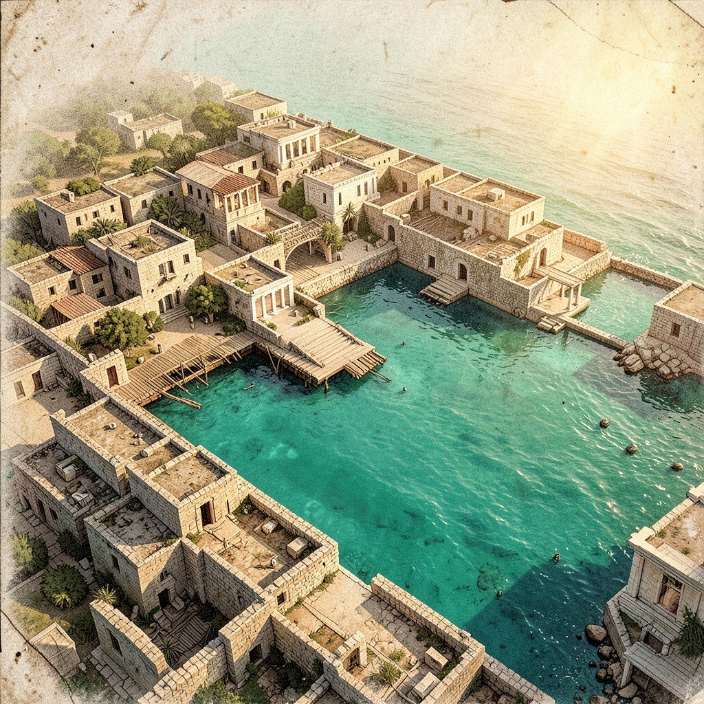 Aerial view of an ancient Greek harbor town with stone walls and turquoise water, warm sunlight, historical illustration style, textured background, no text, 4:3