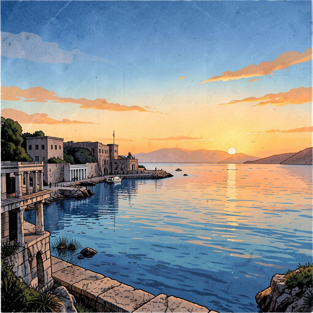 A serene sunset over the Aegean Sea seen from an ancient Greek island harbor, warm orange and blue sky, calm water, historical illustration style, textured background, no text, 1:1