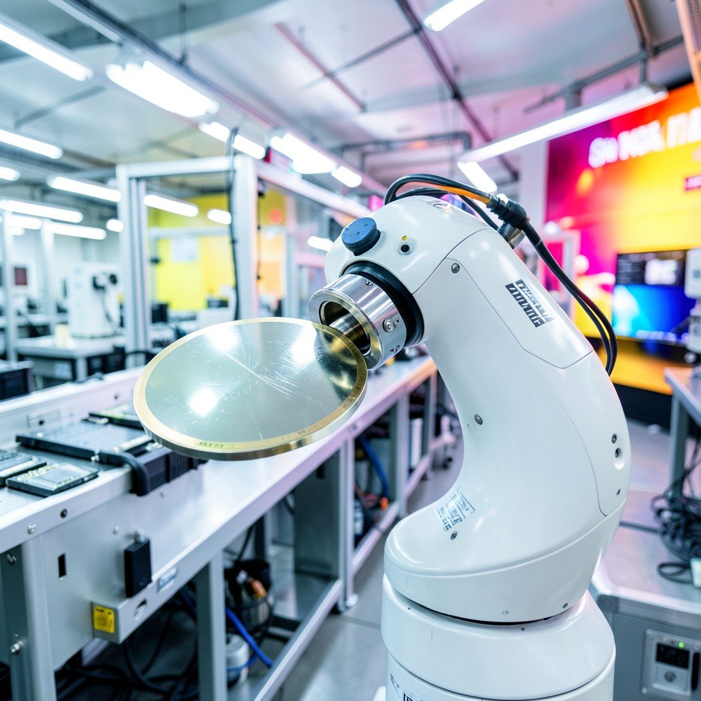 An automated robotic arm moving a silicon wafer in a modern chip factory, bright industrial lighting, vibrant background, no text, aspect ratio 1:1
