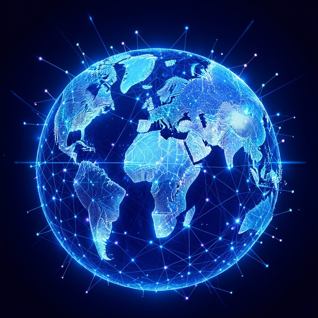 A glowing digital globe with interconnected nodes representing global trade, futuristic vibe, rich blue tones, no text, aspect ratio 1:1