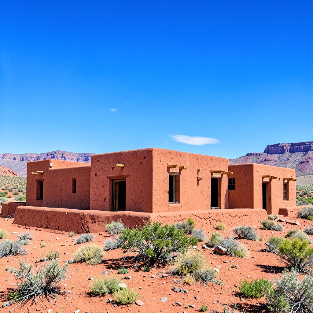 Adobe architecture of Taos Pueblo in New Mexico desert, red clay buildings under bright blue sky, no text, no people, realistic landscape, aspect ratio 4:3
