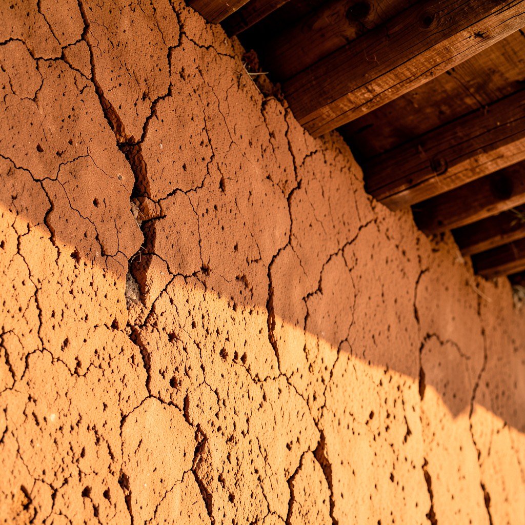 Close up of aged adobe wall texture with wooden viga beams, warm sunlight, rustic earthy tones, no text, no people, high detail, aspect ratio 1:1