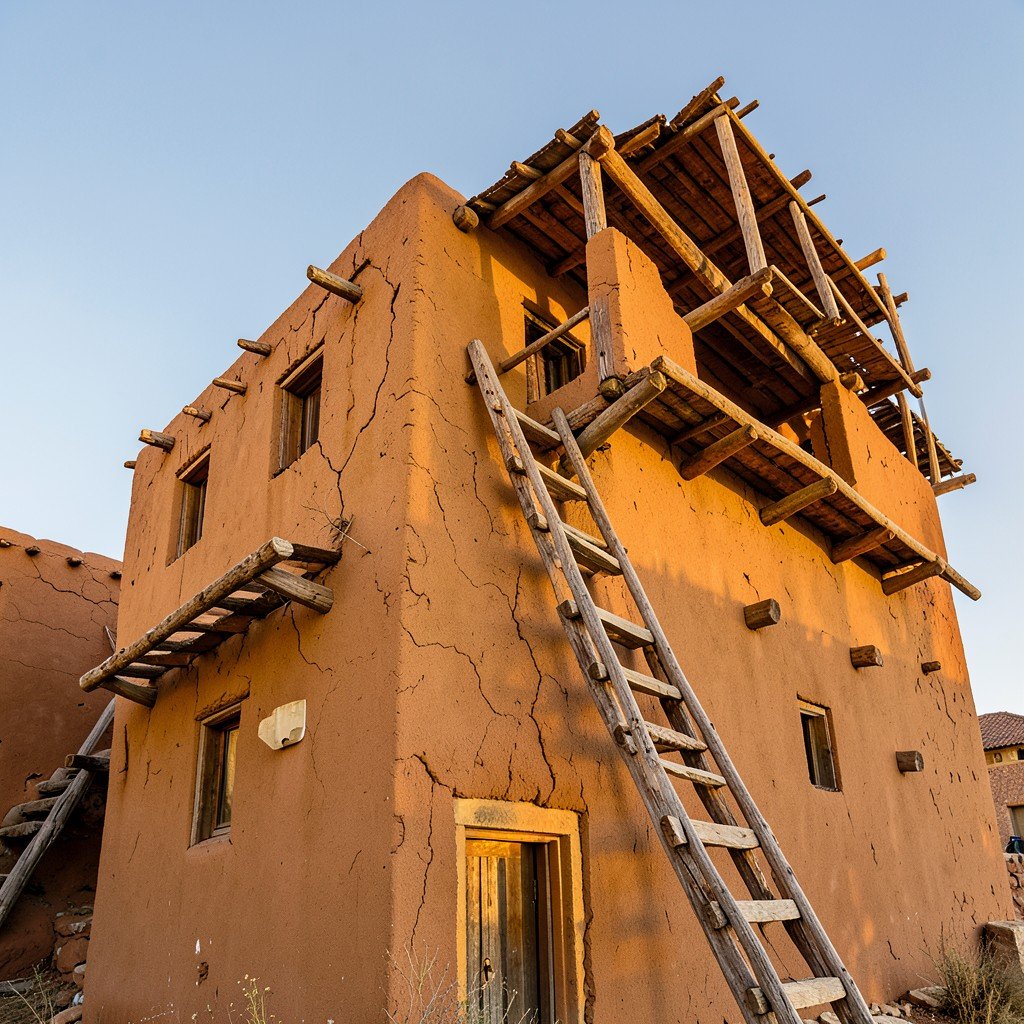 South-facing adobe building of Taos Pueblo with wooden ladders, multi-story structure, clear sky, warm natural light, no text, no people, aspect ratio 4:3
