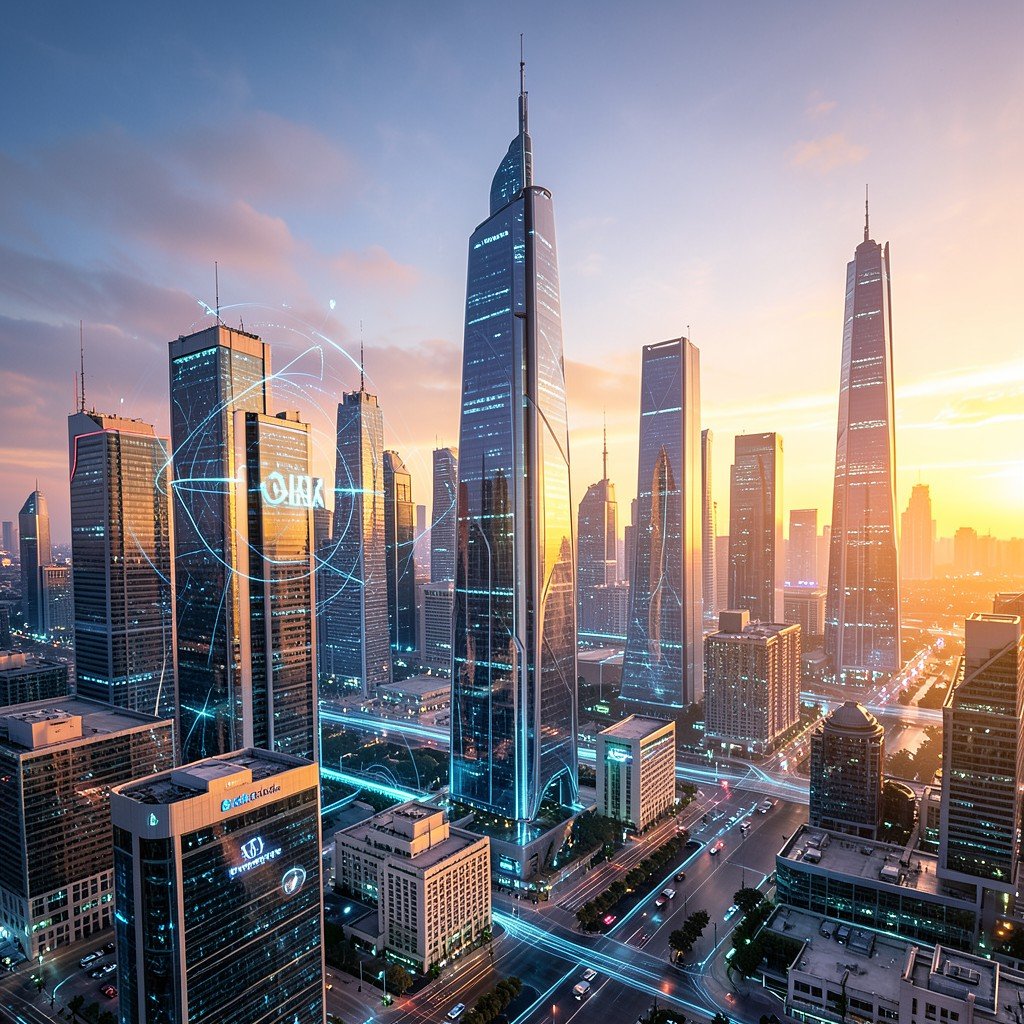 Futuristic city skyline at dawn representing the future of AI technology development warm sunlight 4:3