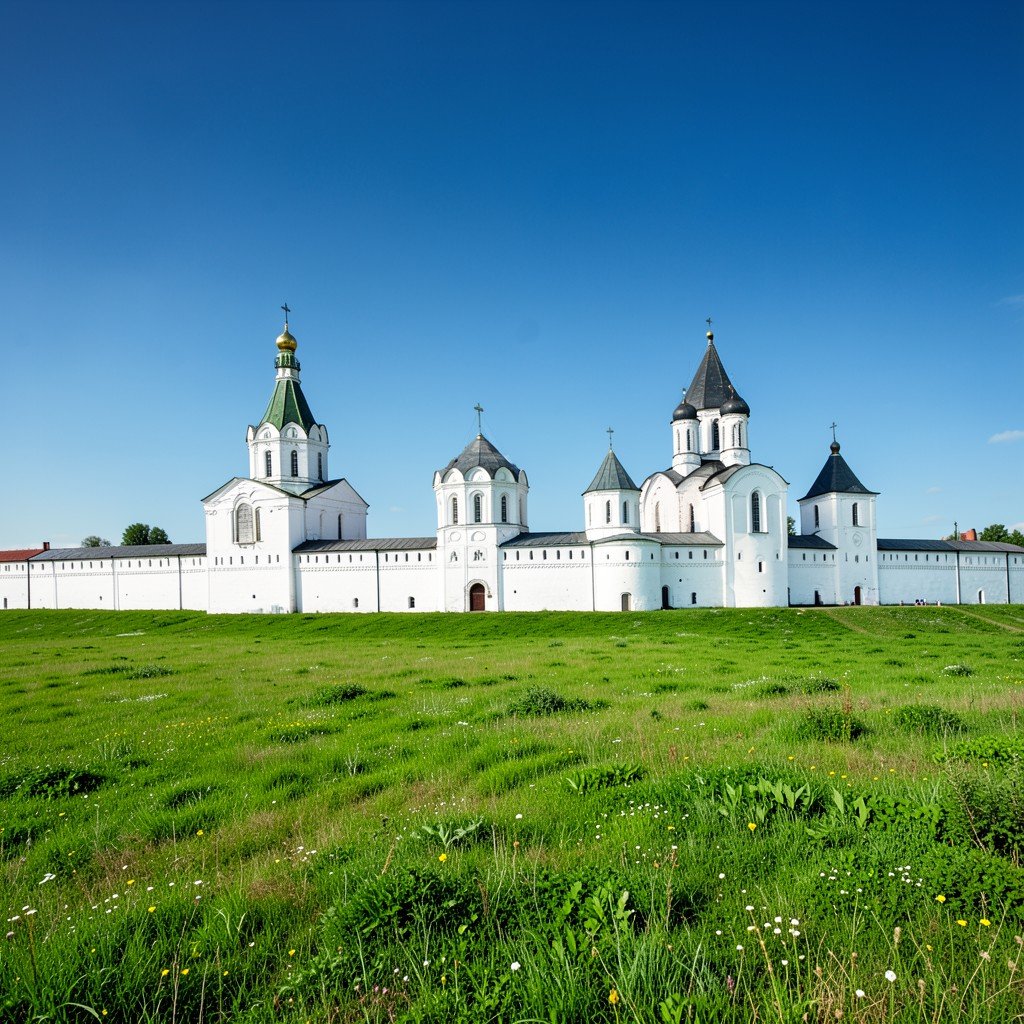 Panoramic view of the White Monuments of Vladimir and Suzdal Russia featuring ancient white stone cathedrals under a clear blue sky lush green meadows no people aspect ratio 1:1