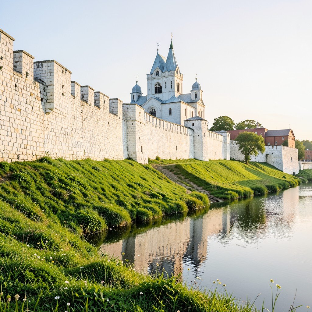 Ancient white stone walls and cathedral of Suzdal Kremlin in Russia surrounded by green grass and a calm river soft morning sunlight illuminating the historical site no people aspect ratio 4:3