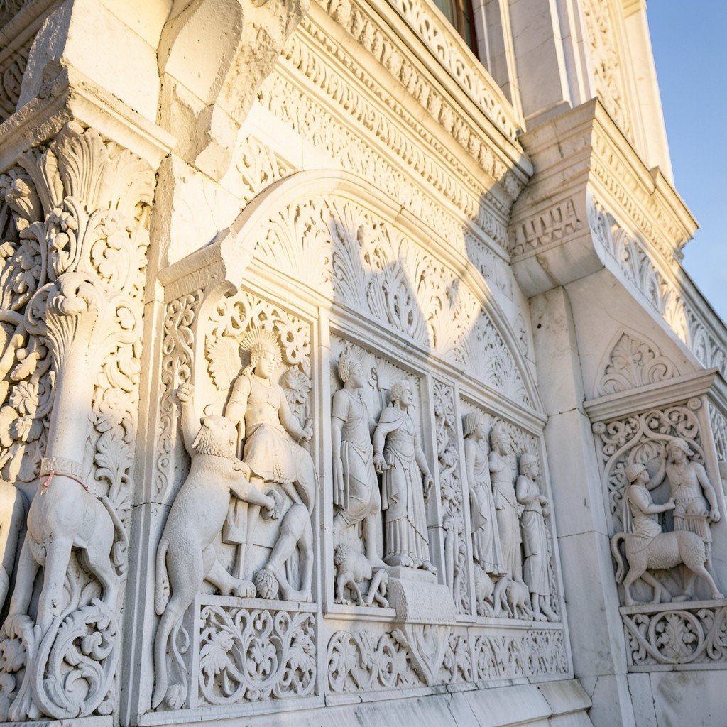 Close up of the intricately carved white stone exterior of Saint Demetrius Cathedral in Vladimir Russia showing detailed reliefs of animals and biblical figures warm afternoon light no people aspect ratio 1:1