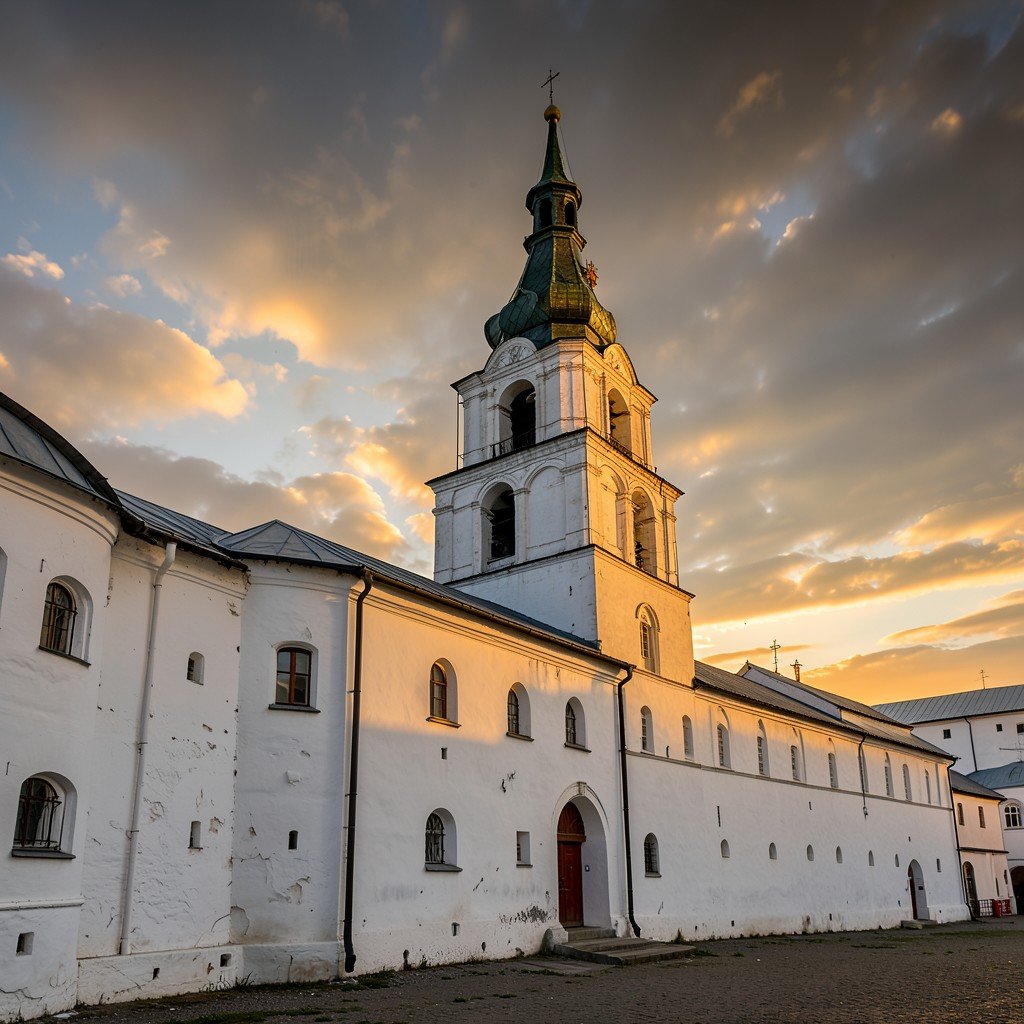 Majestic bell tower and white monastery walls of Saint Euthymius Monastery in Suzdal Russia against a dramatic sky afternoon sun casting warm light on the historical architecture no people aspect ratio 4:3