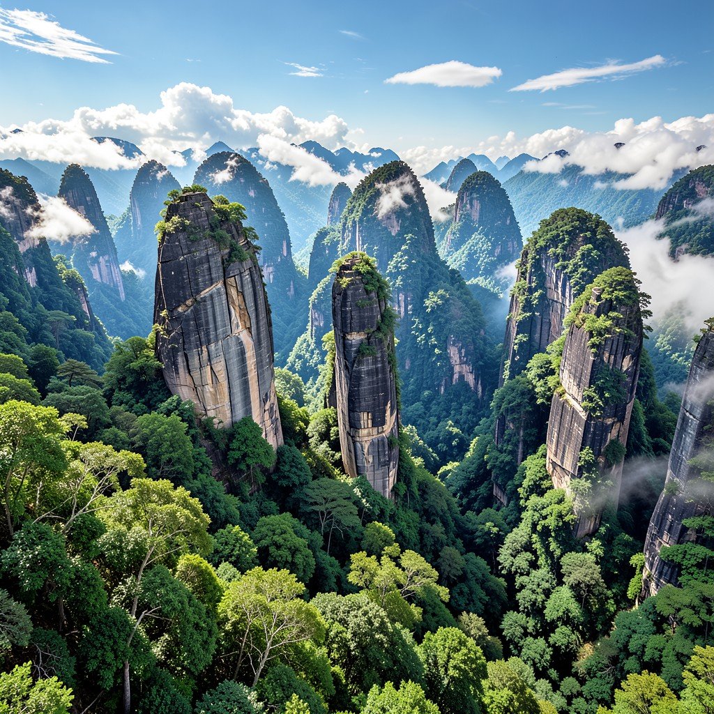 Panoramic view of Wulingyuan sandstone pillars piercing the clouds lush green forest natural light highly detailed 1:1