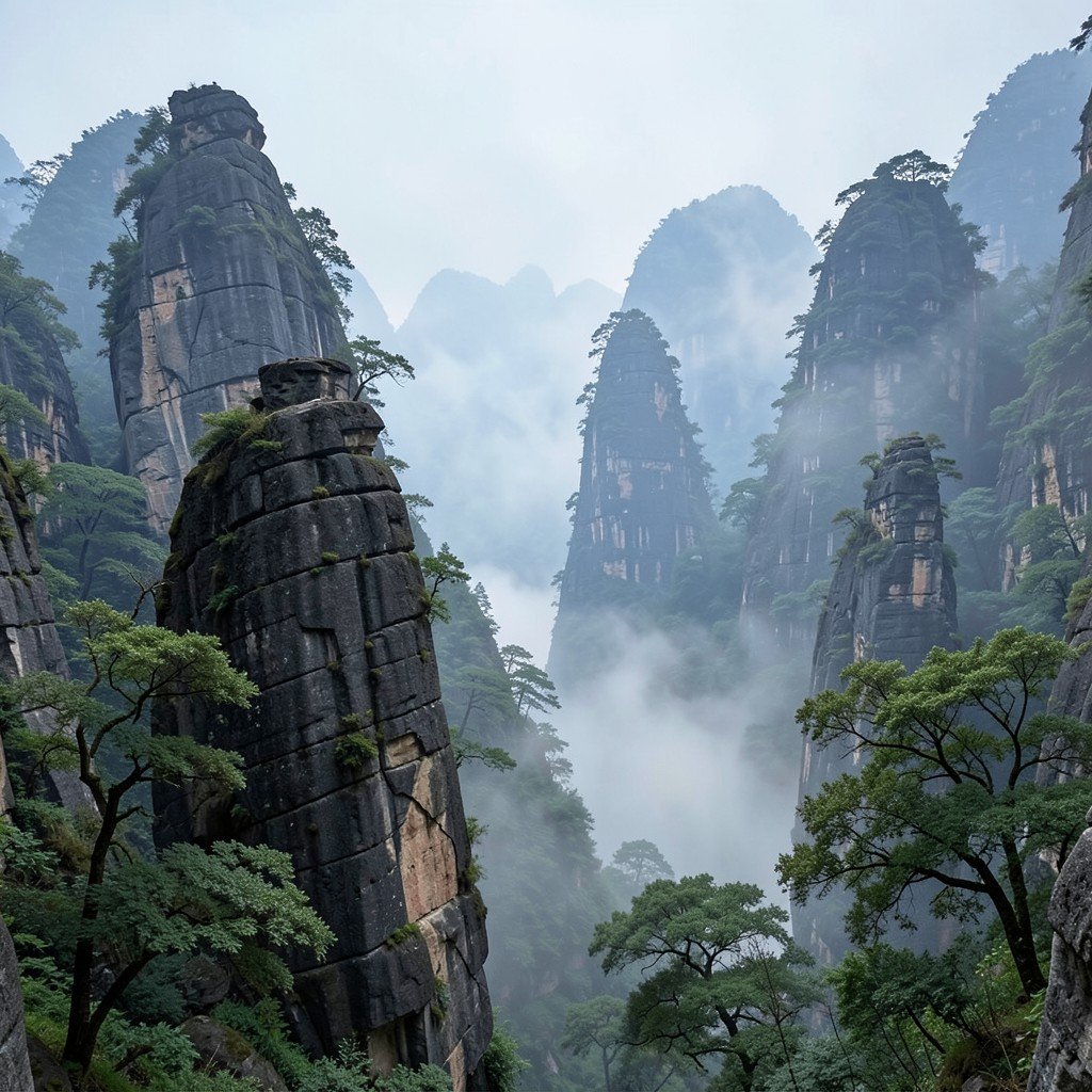 Misty valley in Wulingyuan with towering quartzite sandstone columns ancient trees no text realistic scenery 1:1
