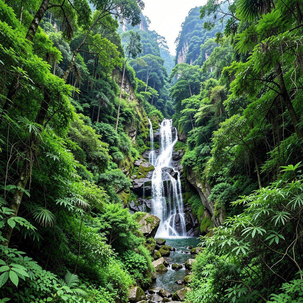 Wulingyuan scenic area lush green forest path waterfall stone bridge no text highly detailed nature 1:1