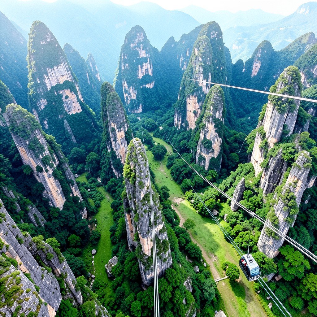 Aerial view from cable car over Wulingyuan mountains sandstone pillars green valley no text 1:1
