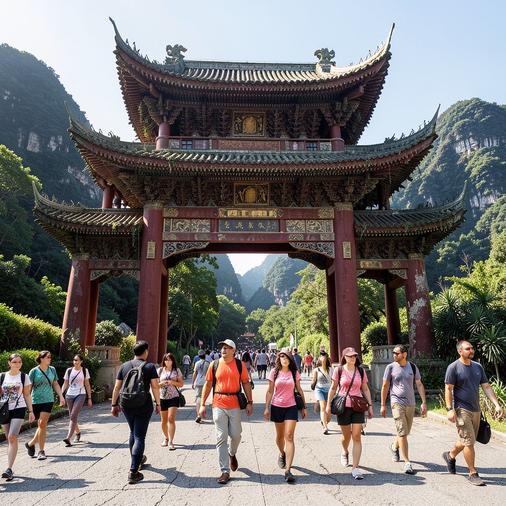 Wulingyuan park entrance gate traditional chinese architecture tourists walking no text realistic 1:1