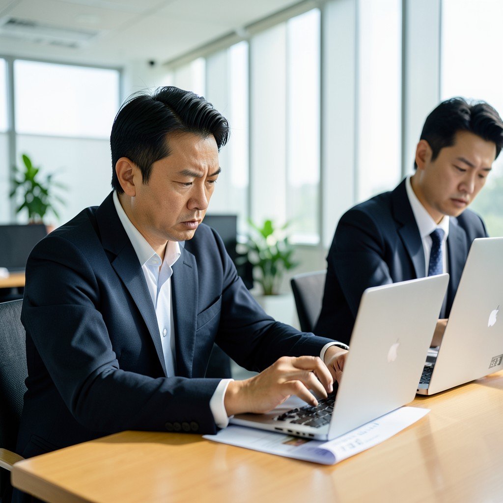 Korean financial officers in modern office reviewing budget cuts on laptops, serious expression, natural lighting, corporate setting, aspect ratio 1:1