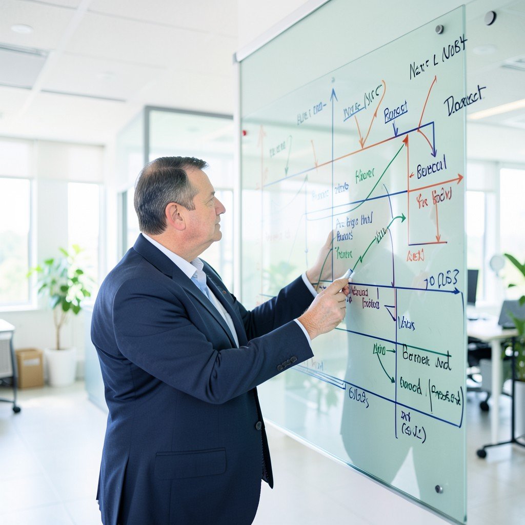 Business professional drawing a new budget roadmap on a glass board with markers, modern bright office, aspect ratio 1:1
