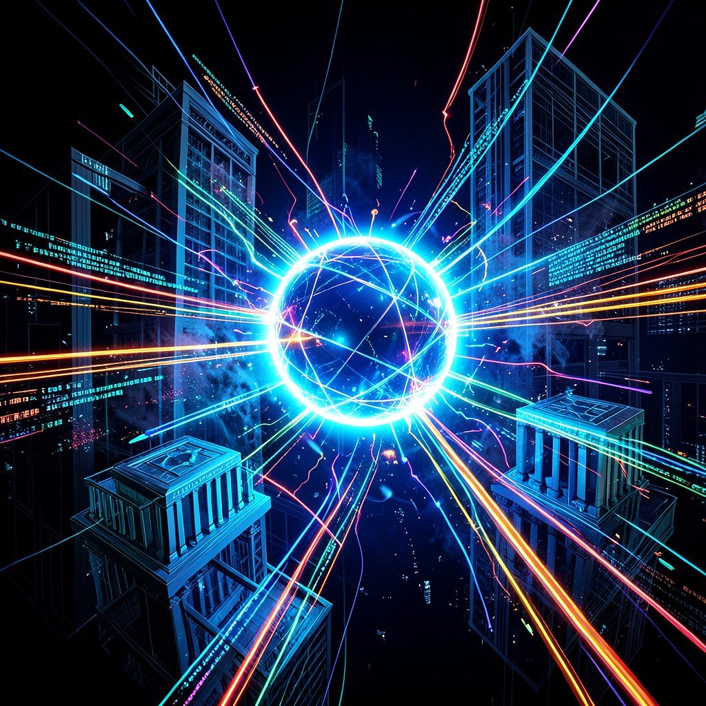 Abstract representation of an advanced AI system threatening the global financial system, glowing data streams connecting to bank buildings, high contrast modern digital art, no text, 4:3