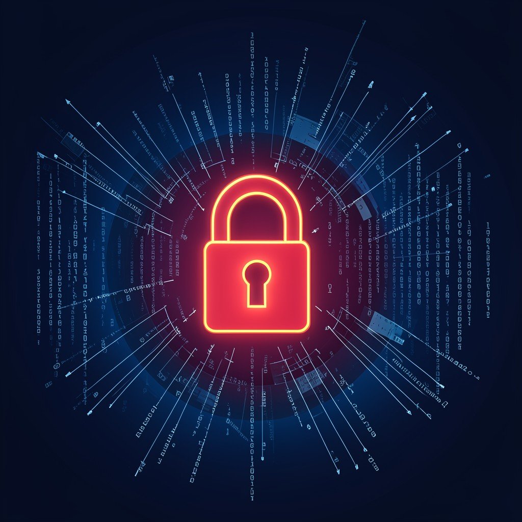 Digital security concept with a glowing red lock surrounded by abstract code fragments, dark blue background, modern cybersecurity theme, no text, 4:3