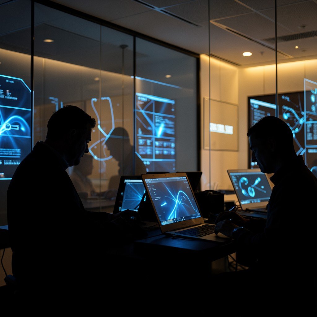 Silhouettes of professionals working on laptops in a high-tech secure office, glowing screens with abstract blue light, warm lighting, no text, 4:3