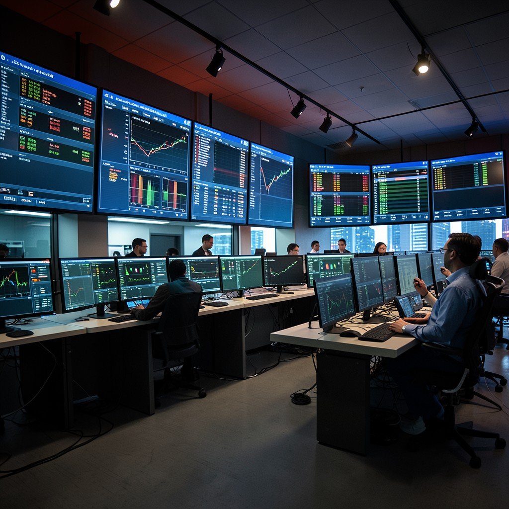 Modern bank trading floor with large screens displaying secure data, professionals monitoring systems, cinematic lighting, no text, 4:3