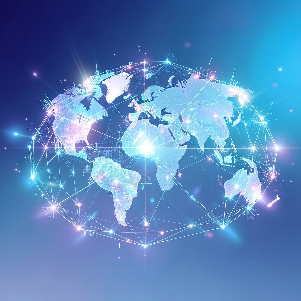 Abstract concept of a secure digital network connecting global financial centers, bright balanced lighting, gradient background, no text, 4:3