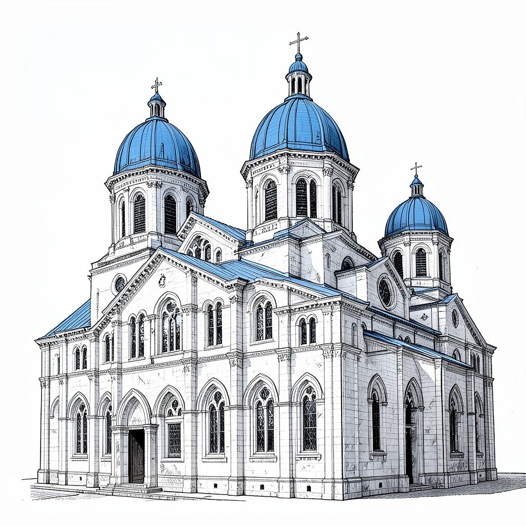 White stone Trinity Cathedral with blue domes historical illustration artistic rendering aspect ratio 4:3 NO KOREAN Text