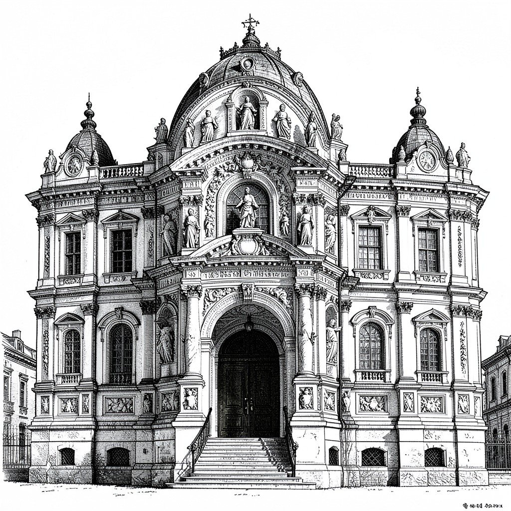 Russian Orthodox Baroque architecture detailed facade historical illustration artistic rendering aspect ratio 4:3 NO KOREAN Text