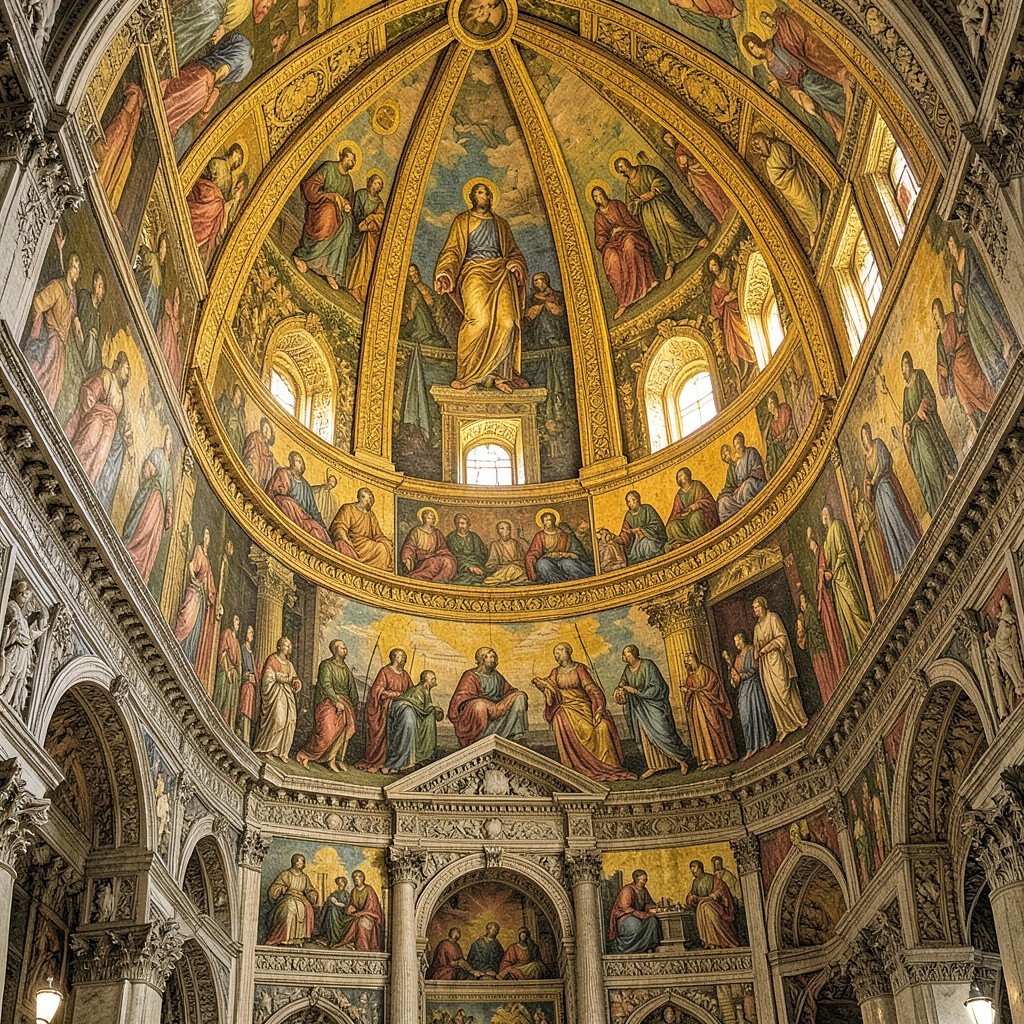 Assumption Cathedral golden dome interior fresco historical illustration aspect ratio 1:1 NO KOREAN Text