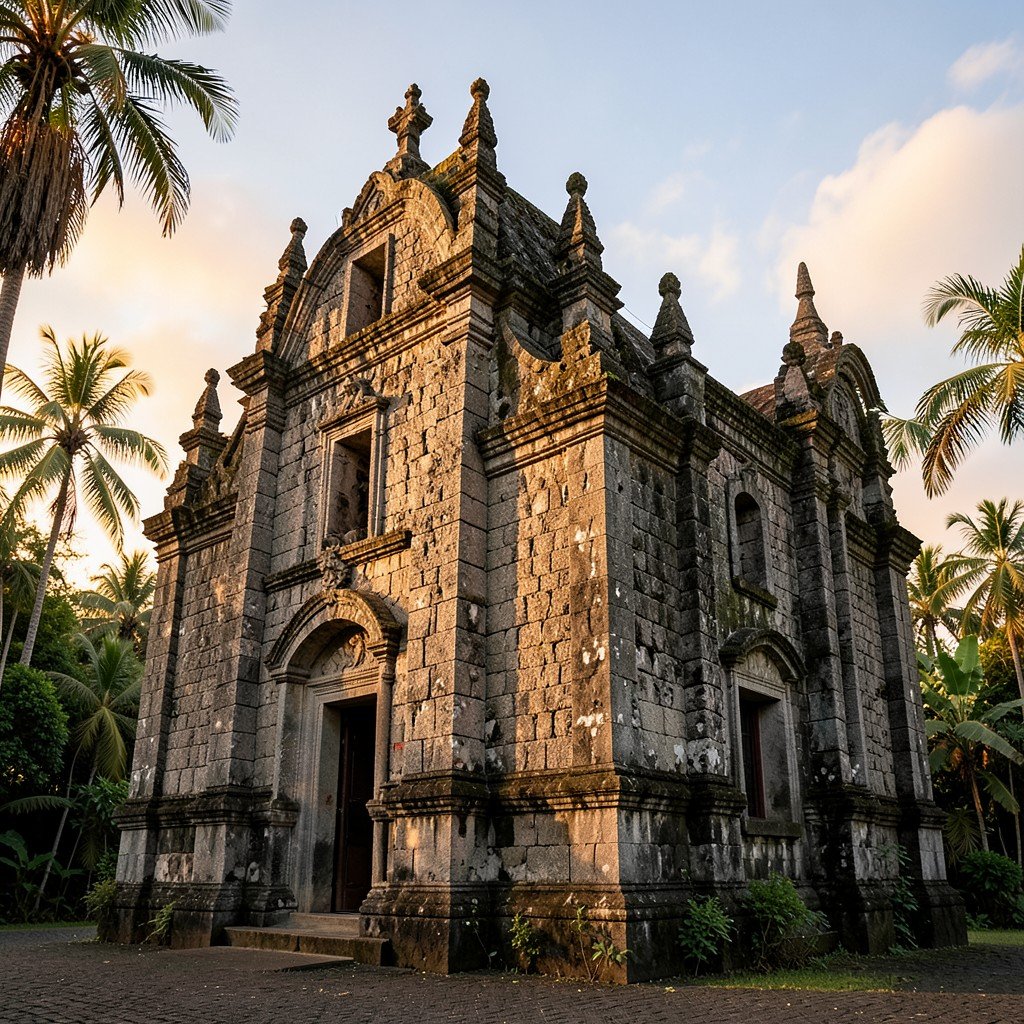 Baroque church in the Philippines with thick stone walls and tropical surroundings historical atmosphere warm lighting 4:3