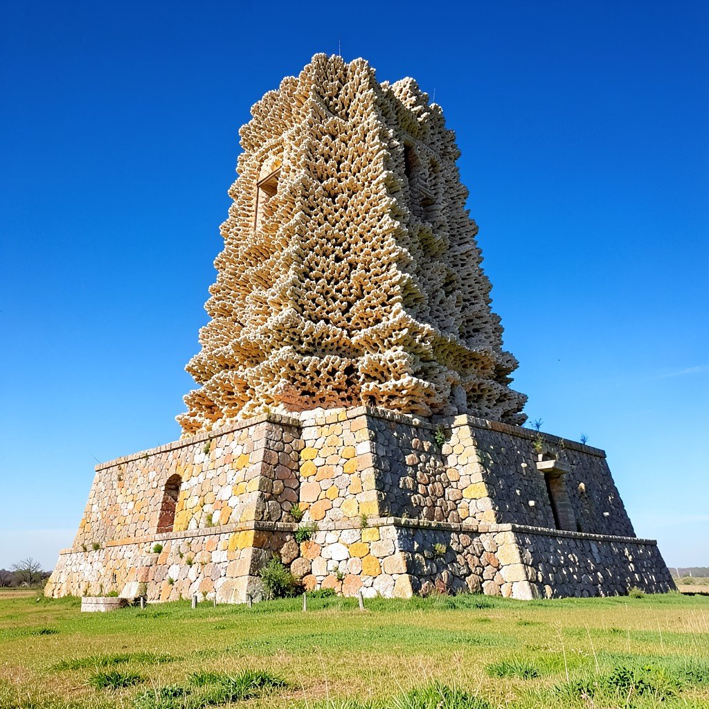Paoay Church massive coral stone tower against blue sky with wide grassy field 1:1