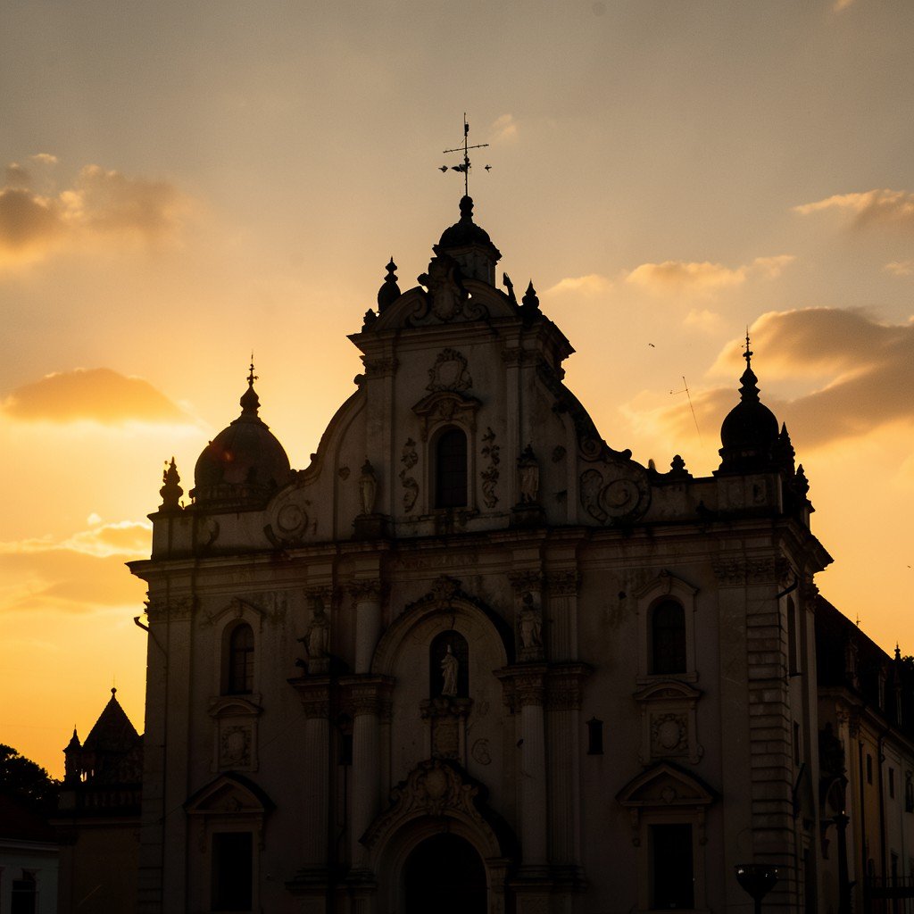 Baroque church of the Philippines silhouette at sunset warm golden hour sky 4:3