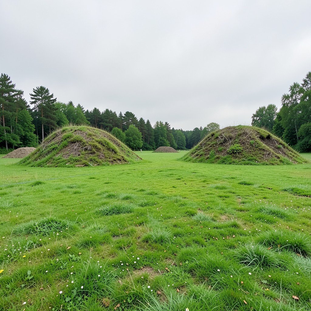 Ancient burial mounds on a green grassy field in Birka, Sweden, under a soft overcast sky, historical Viking age site, peaceful nature, no visible text, 4:3