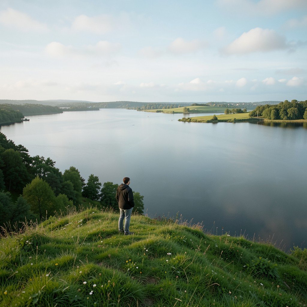 A person standing on a lush green hill looking out over the vast Lake Malaren in Sweden, historical landscape, soft natural lighting, contemplative mood, no visible text, 4:3